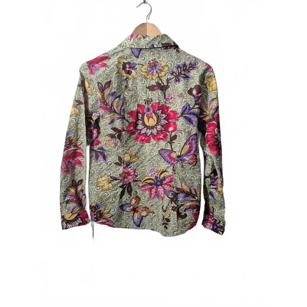 Alara Ladies Long Sleeve Cotton Button Front Shirt Green Pink Floral Motif Patte - Picture 3 of 4